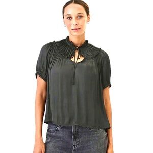 Gap blouse black satin puff sleeve tie at neckline large NWT